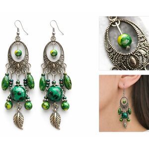 Boho Ethnic Dangle Chandelier Earrings - Green Jasper Style Beads & Bronze